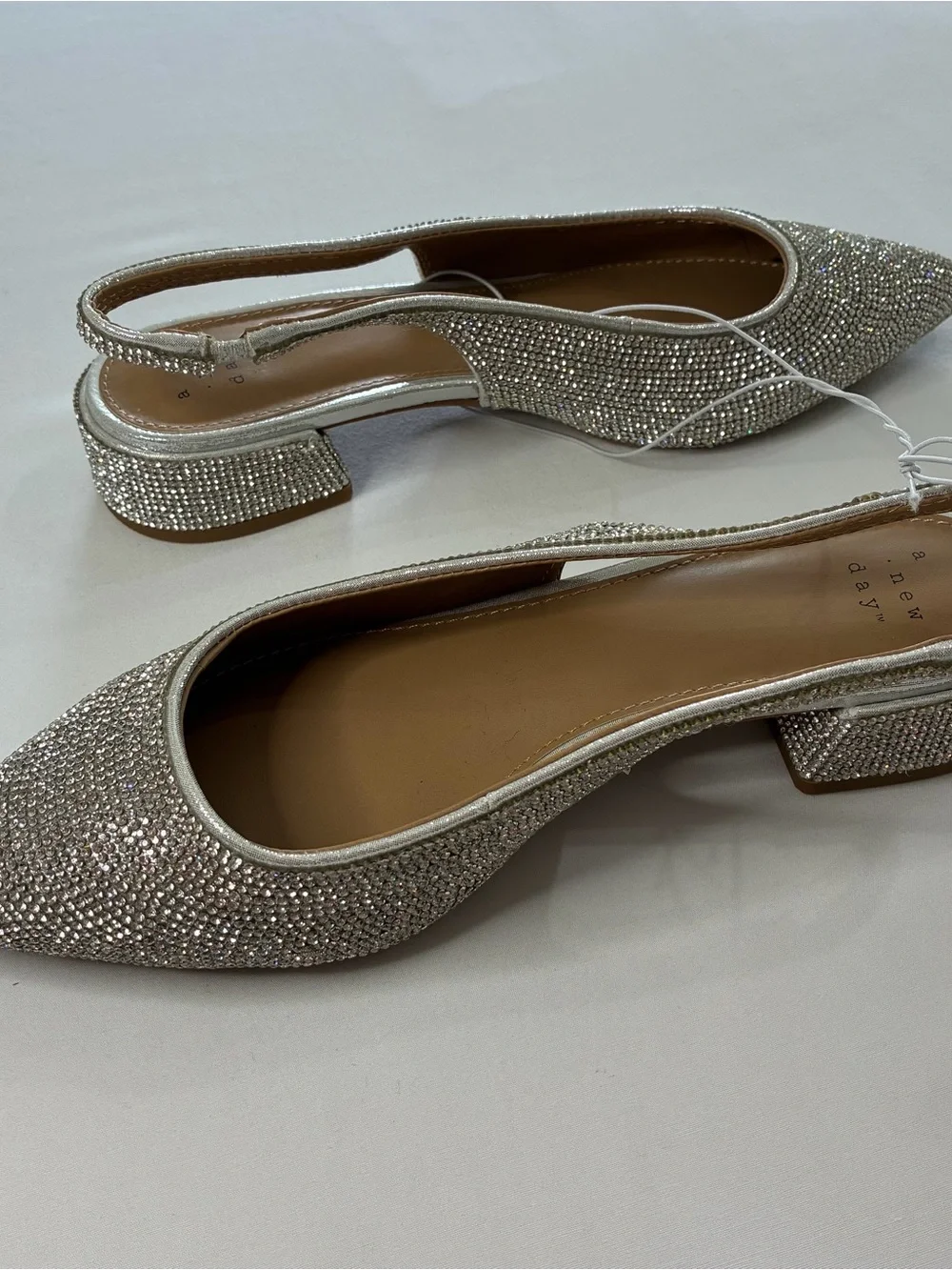 A New Day Elle Silver Rhinestone Slingback Pointed Toe Low Block Heels Size 7